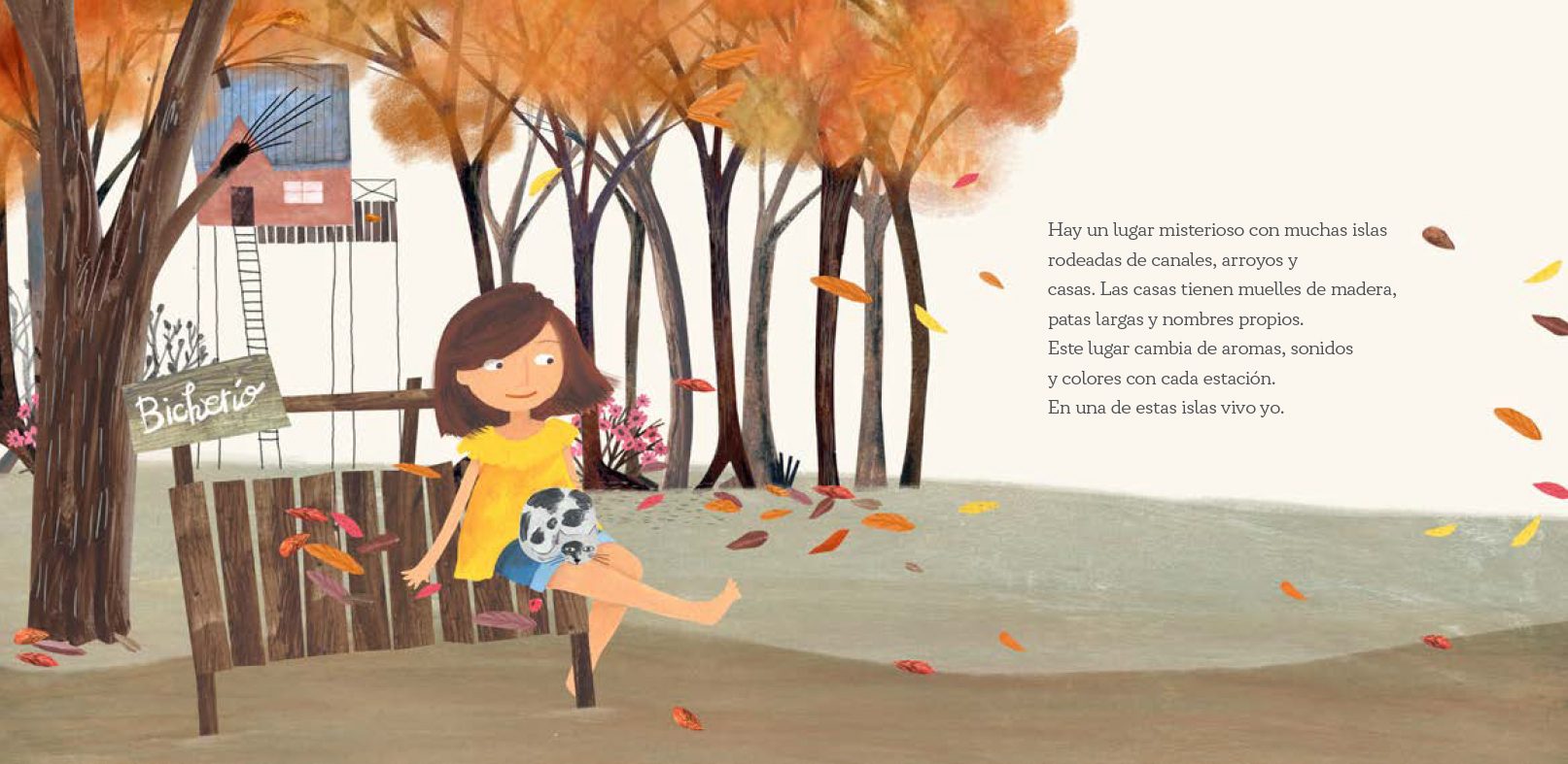 Ilustración del libro La Isla: la nena en el banco del Bichero con su gato, en otoño