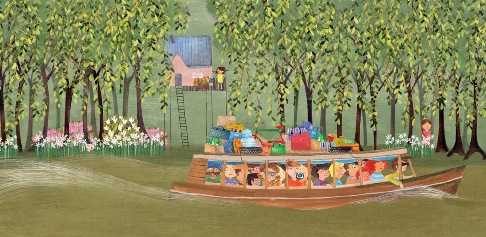 Ilustración del libro La Isla: la lancha colectiva pasa frente a la casa entre sauces en primavera