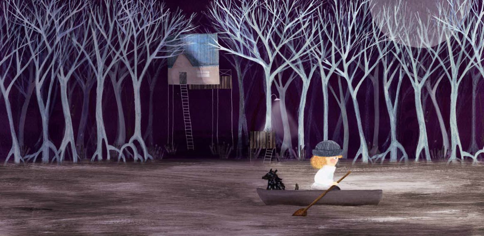 Ilustración del libro La Isla: noche de luna en el Delta del Paraná, una nena rema con su perro