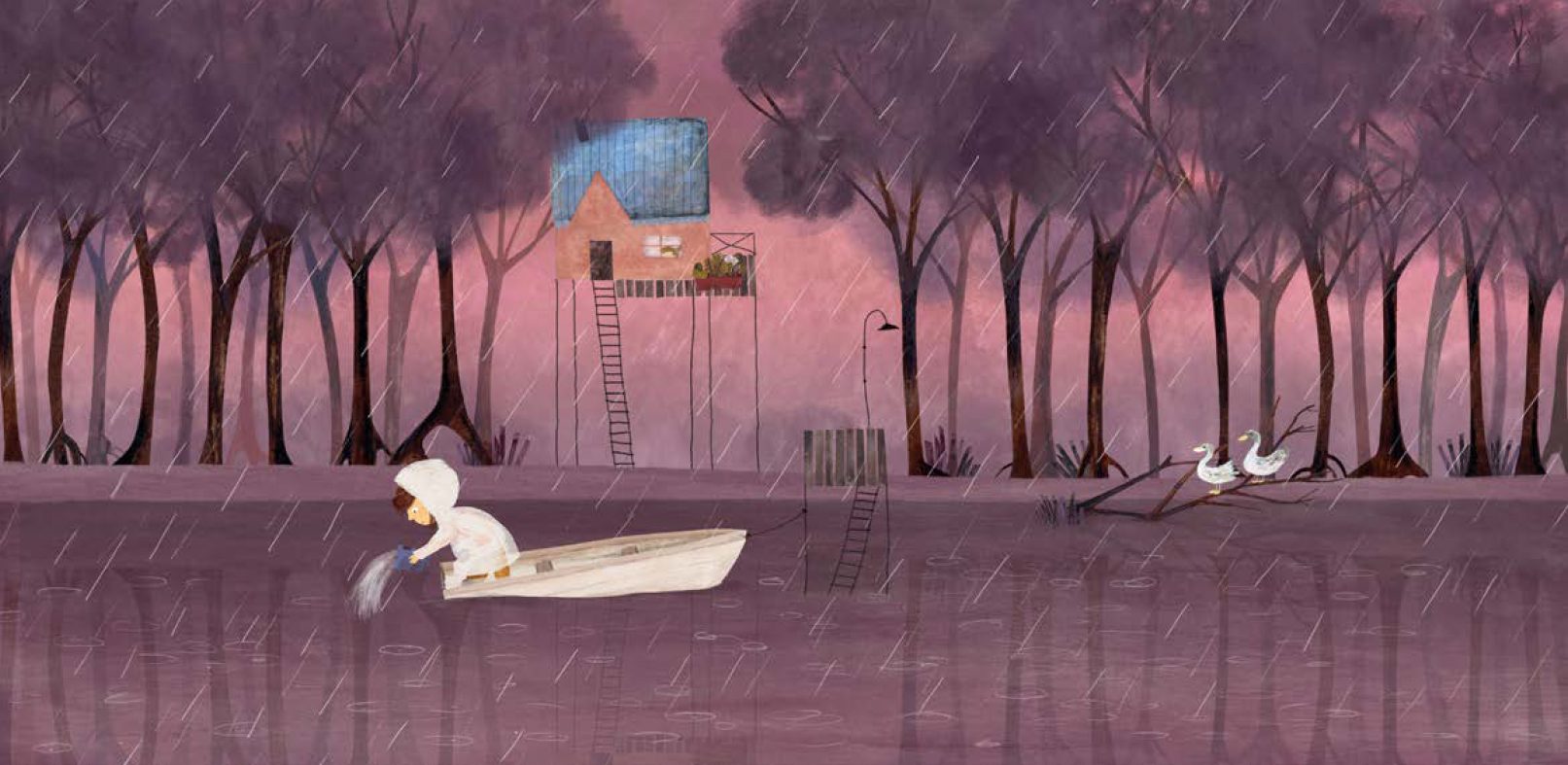Ilustración del libro La Isla: lluvia en el río, una nena achica el agua de su bote