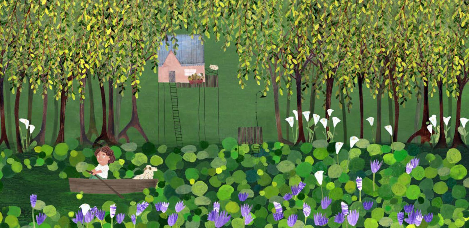 Ilustración del libro La Isla: una nena rema con su perro entre camalotes en flor