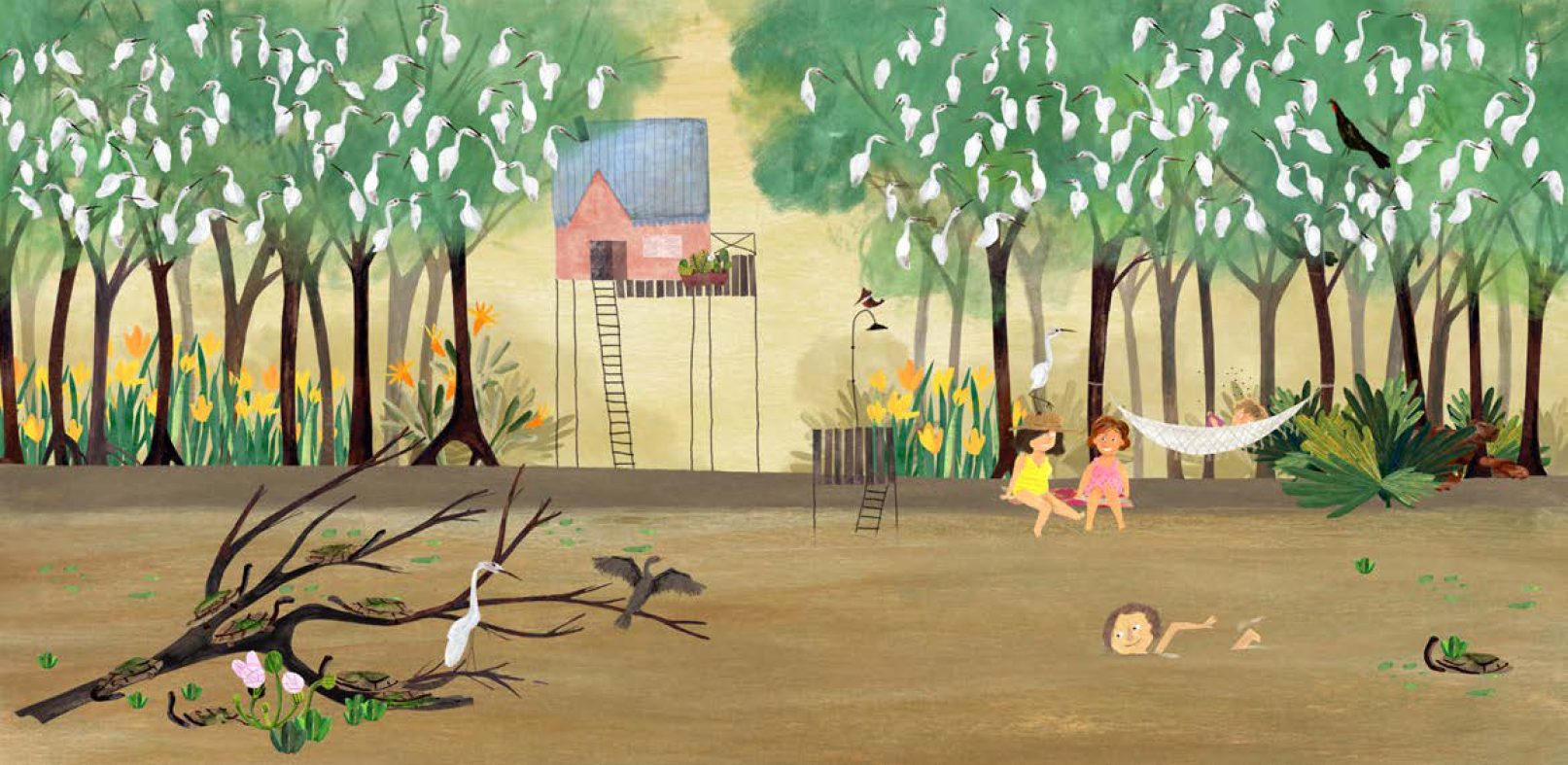Ilustración del libro La Isla: chicos jugando en el río en verano, con garzas y biguás